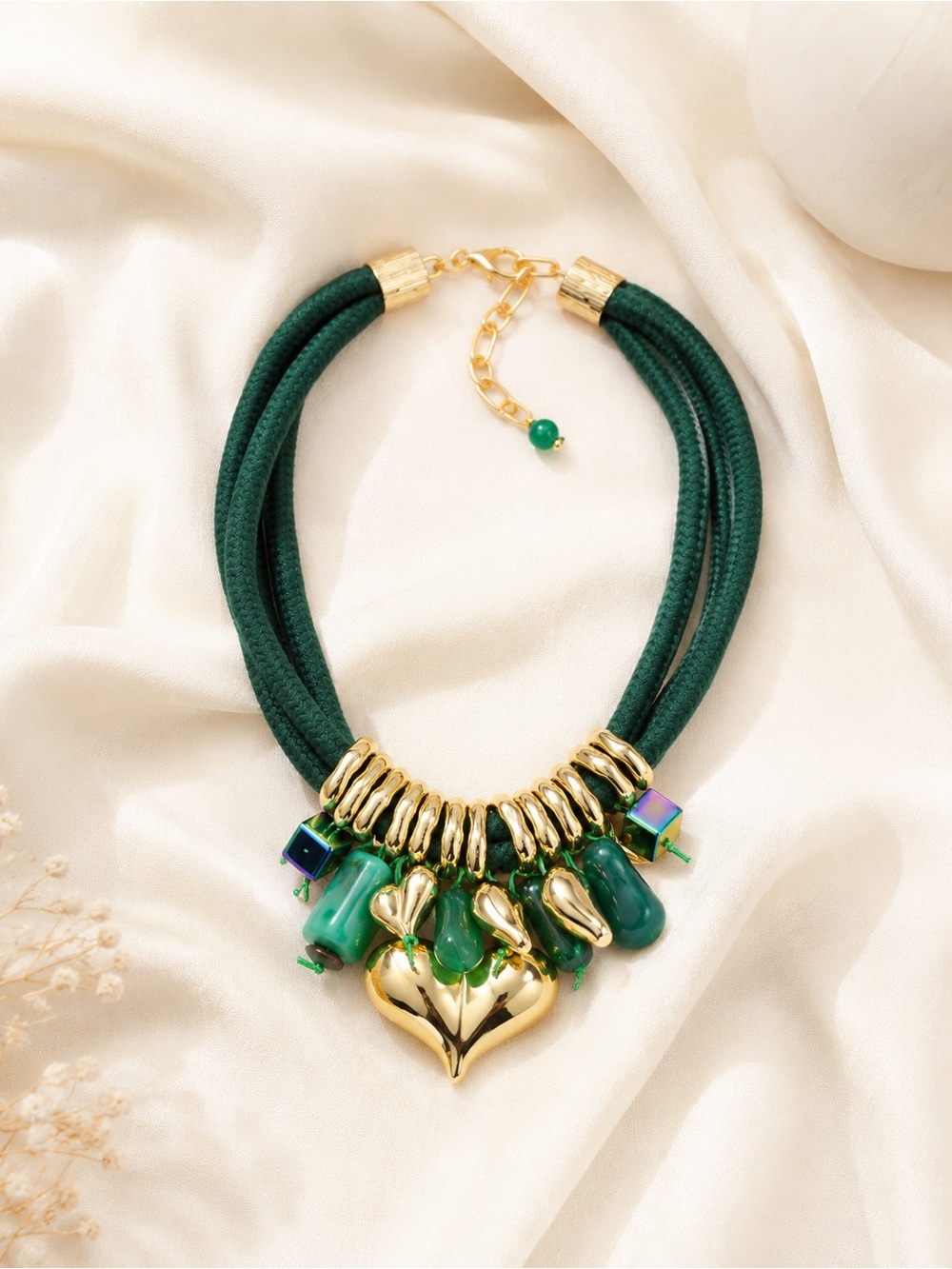 Emerald Green Statement Necklace | Gold Heart Charm Chunky Bib Necklace